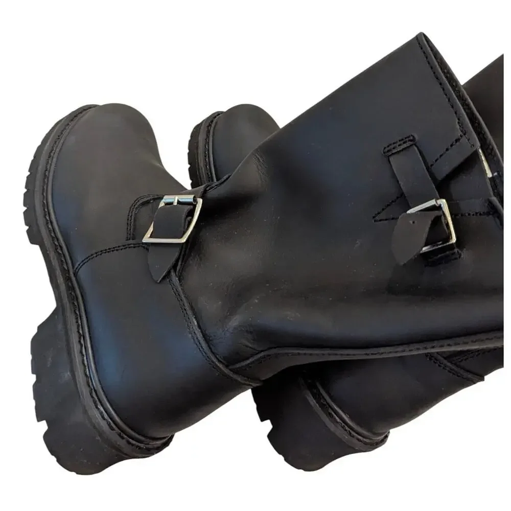 ClimaTex Black Leather Engineer Motorcycle Boots Buckle Mid Calf Lug Men's 8.5